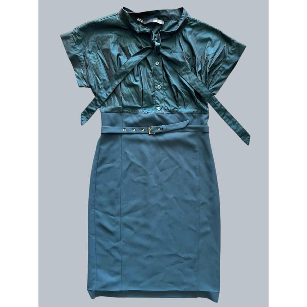 Love Moschino Size 6 Teal Belted Shirt Dress Short Sleeve Tie Front Women’s